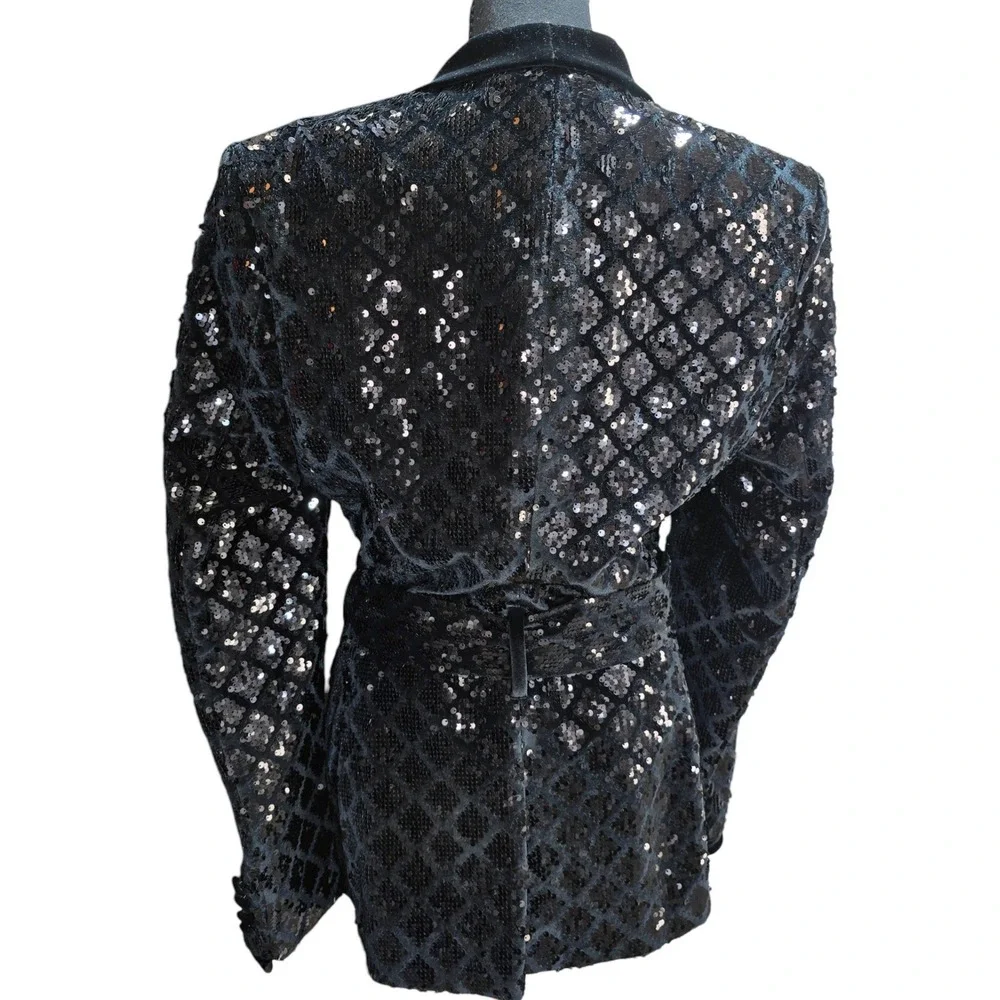 ASOS Design Suit Mens 38/31 Black Sequin Velvet Shawl Lapel Belted Luxury Disco